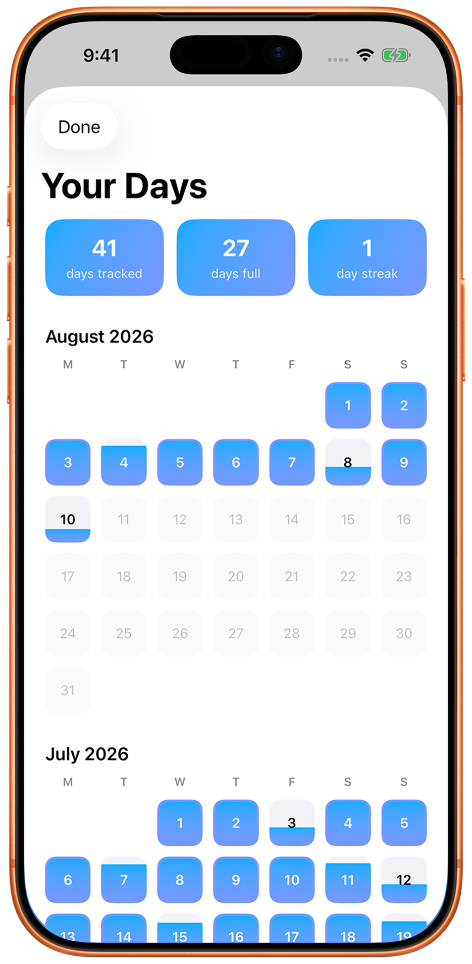 A calendar of tracked days with streak counters