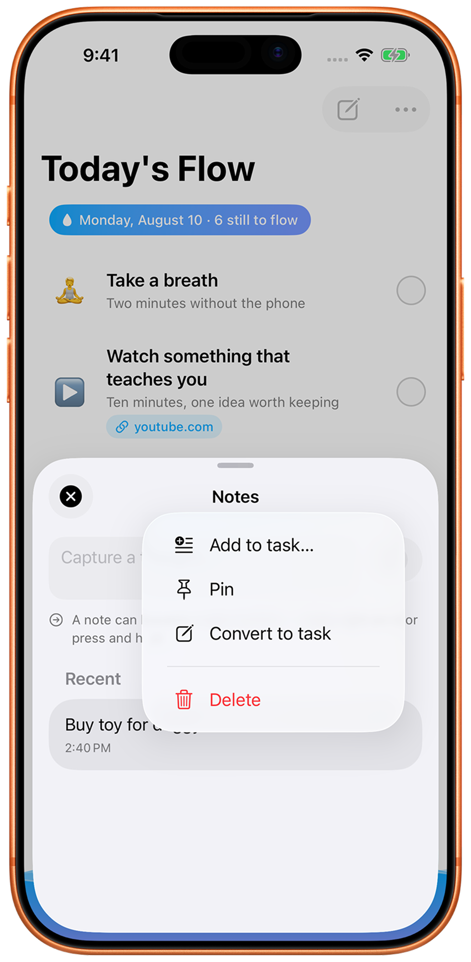 The notes sheet, with options to convert a note into a task