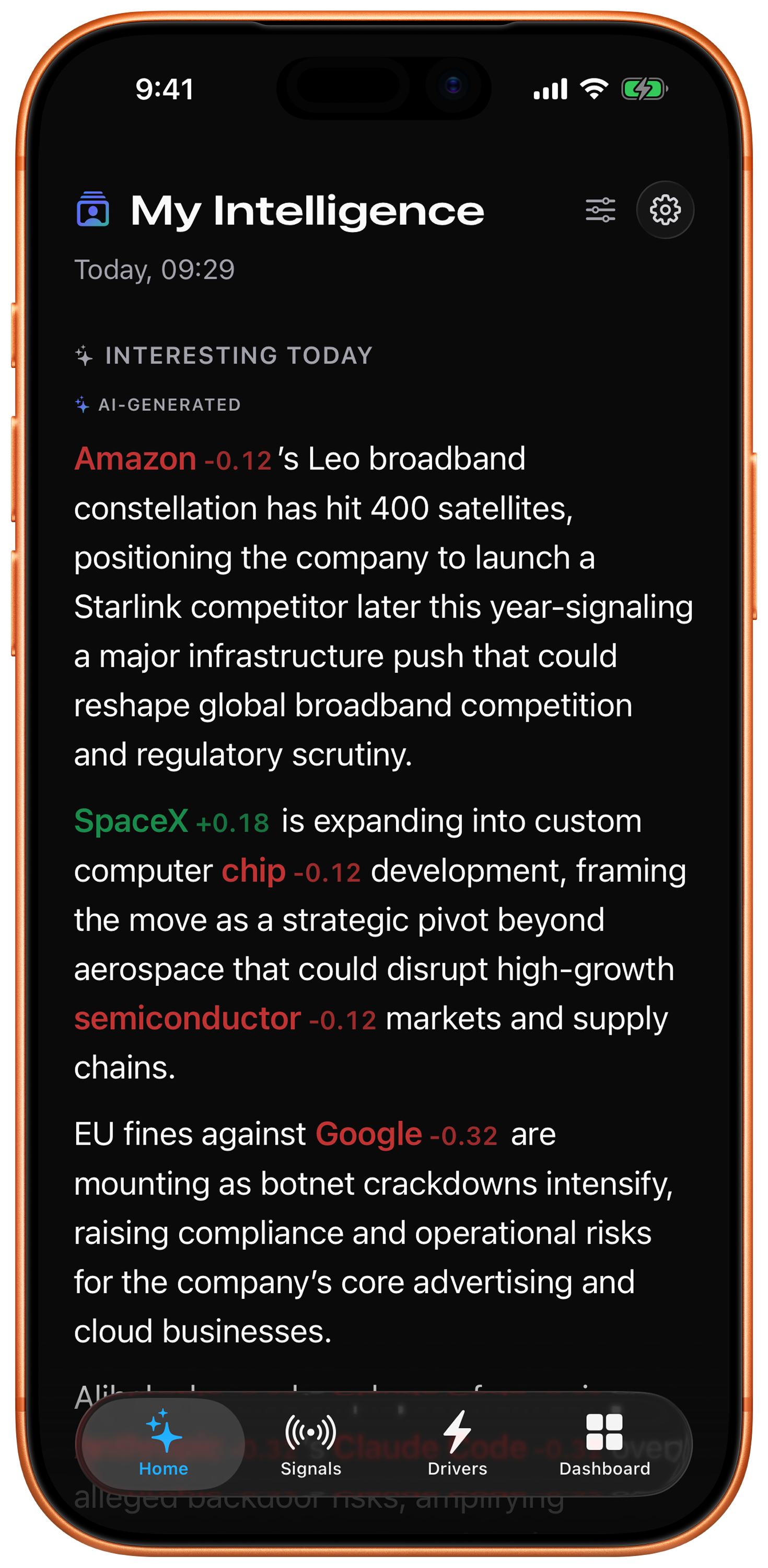 My Intelligence on iPhone with the Interesting today curated brief